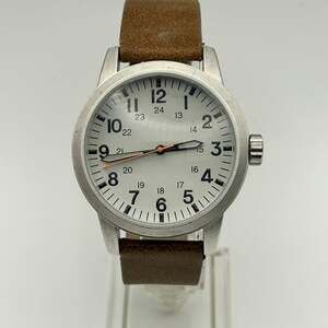 George Mens Military Field Watch Silver Tone Case White Dial Brown Leather Strap